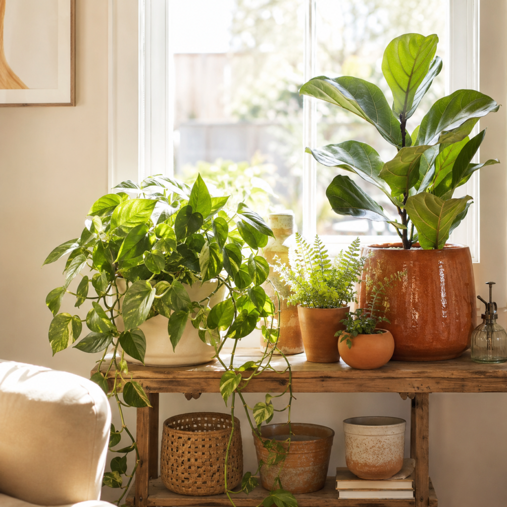 houseplants backlit on a wooden plant stand by a window