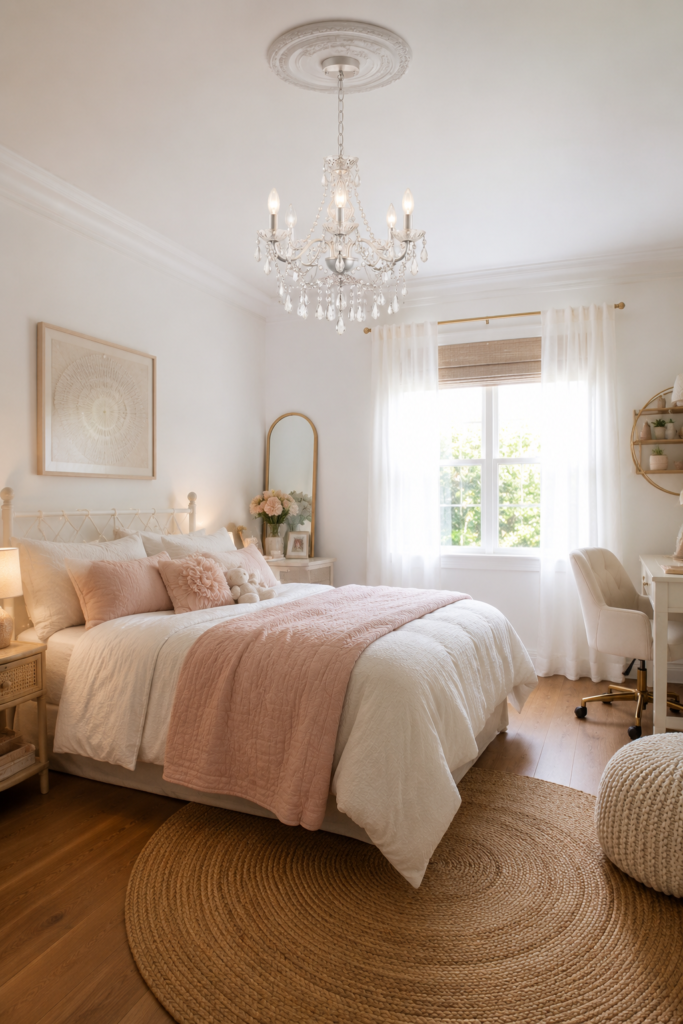 White five-light crystal chandelier hanging in a bright teen bedroom