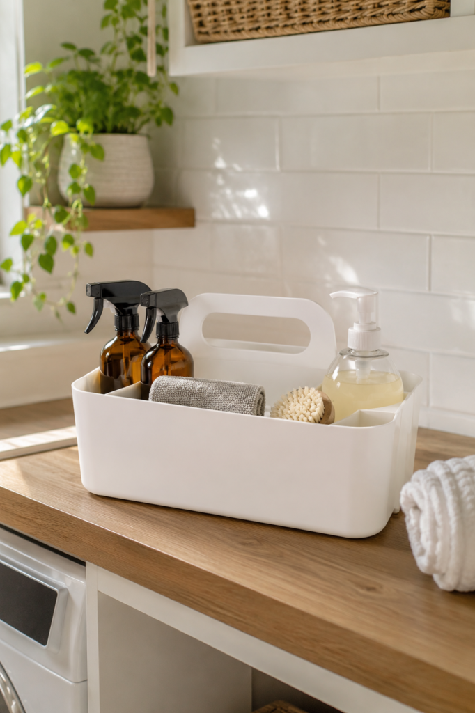 White portable organizer caddy with a handle holding cleaning bottles and supplies