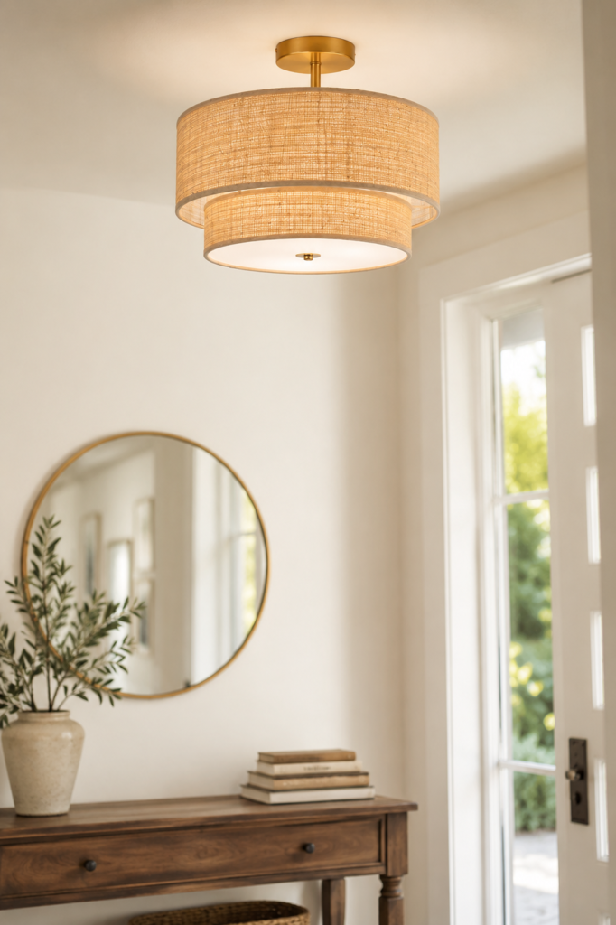 Two-tier raffia woven drum ceiling light with brushed gold finish