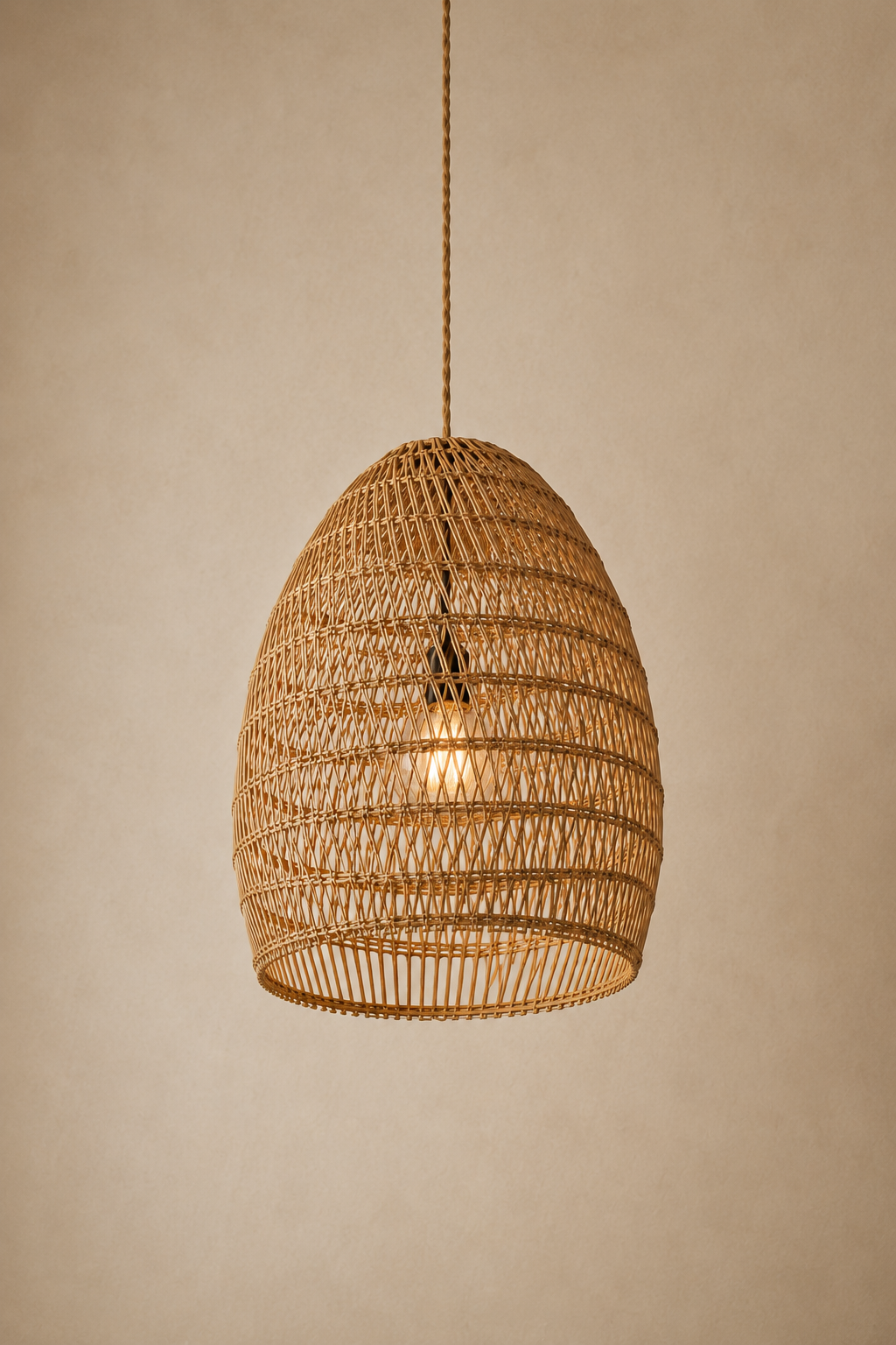 Woven rattan bell-shaped pendant light hanging from ceiling