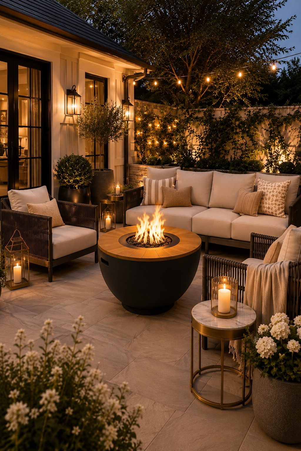 Round black outdoor gas fire table with wood tile top