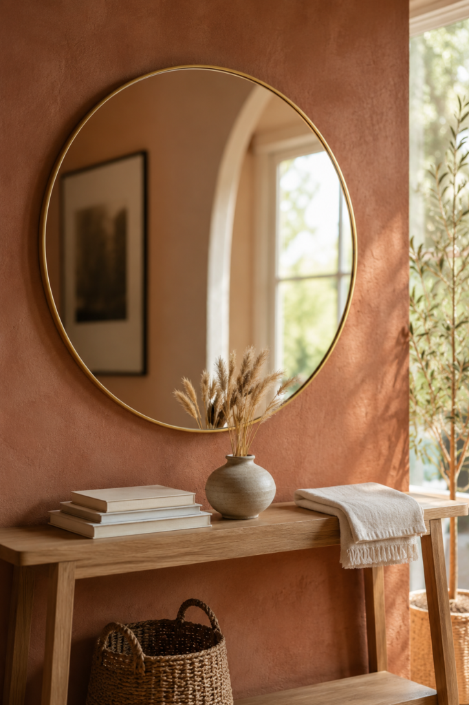 Round wall mirror with thin gold frame over an entryway console