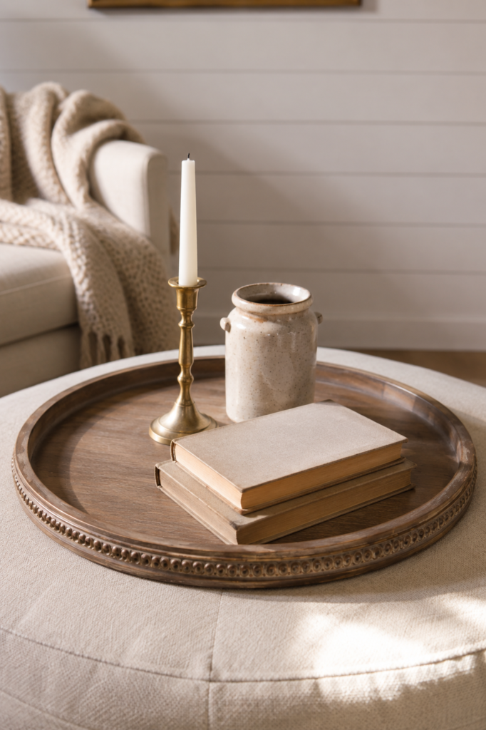 Round vintage brown wood tray with beaded edge styled on ottoman