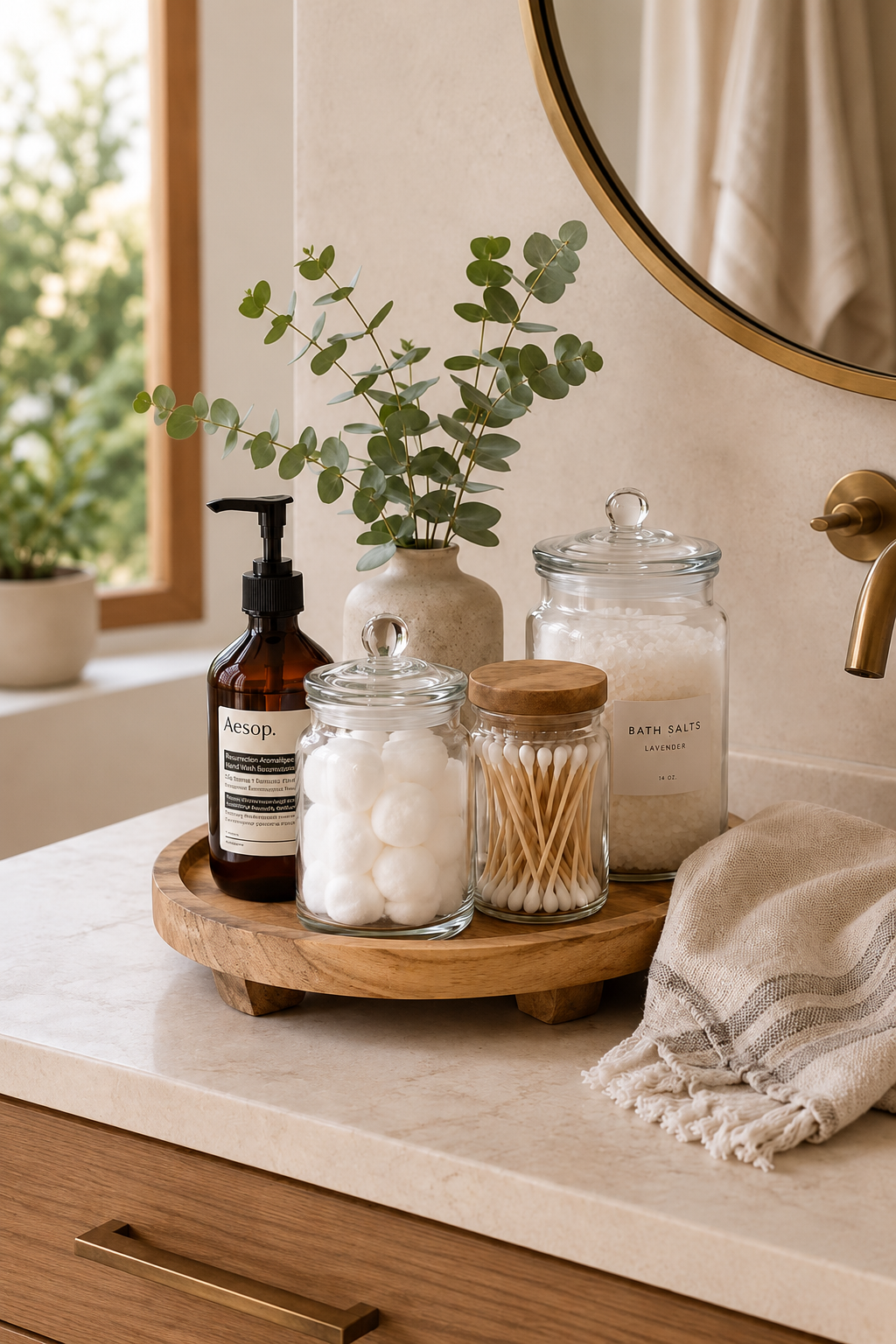 Round wood tray on bathroom counter for organizing