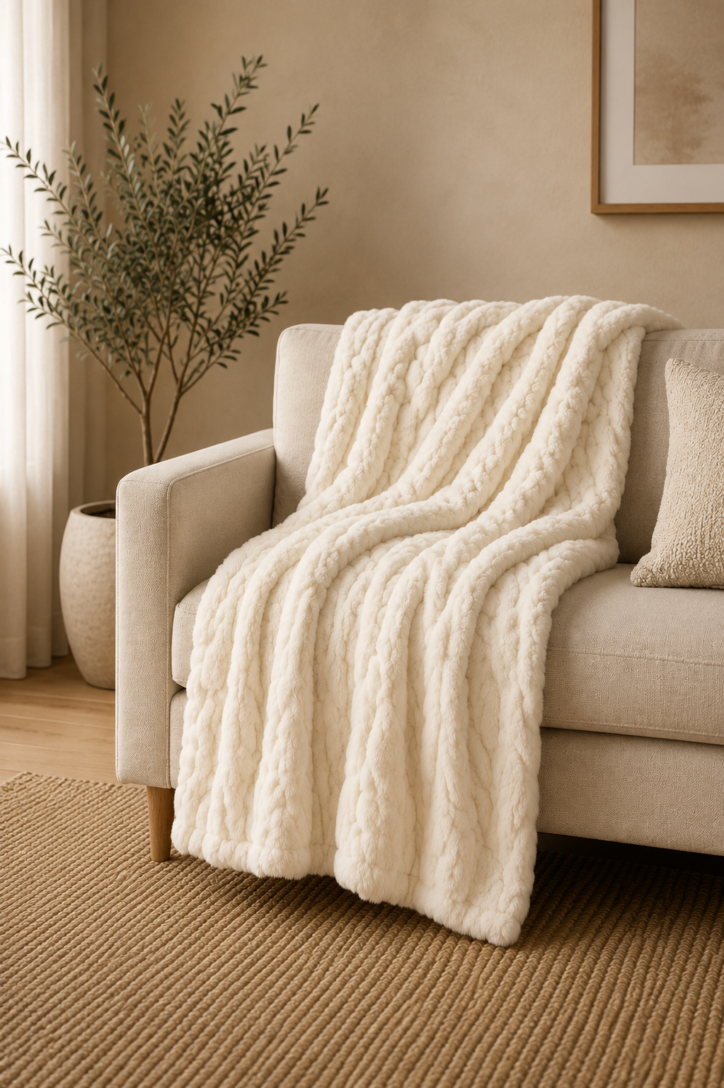 Cream ruched faux fur throw blanket draped over sofa