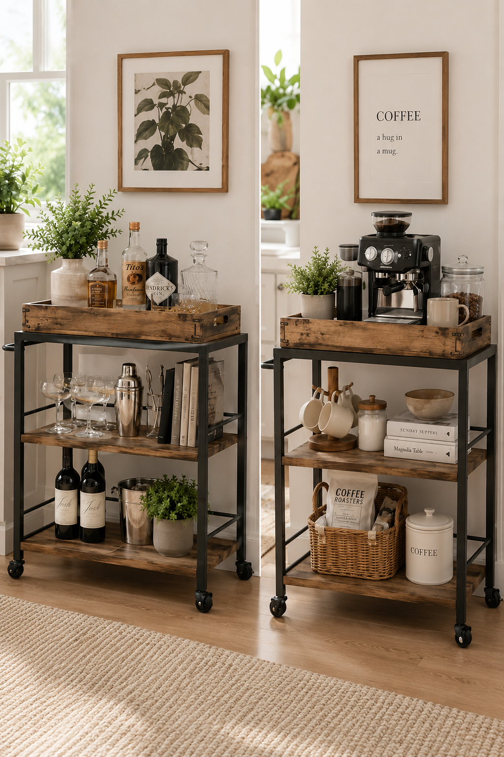 Rustic wood and black metal kitchen serving cart
