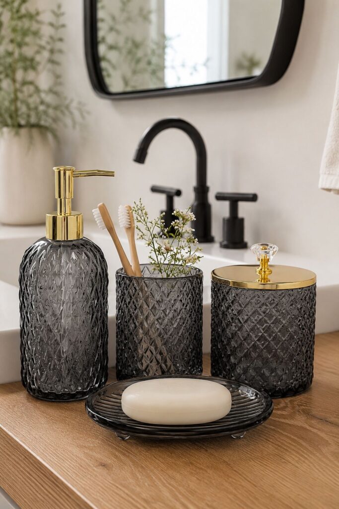  Smoky grey glass bathroom accessory set with gold accents
