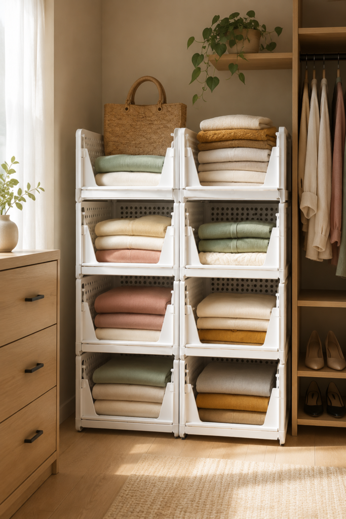 White stackable storage baskets holding neatly folded clothes in a closet