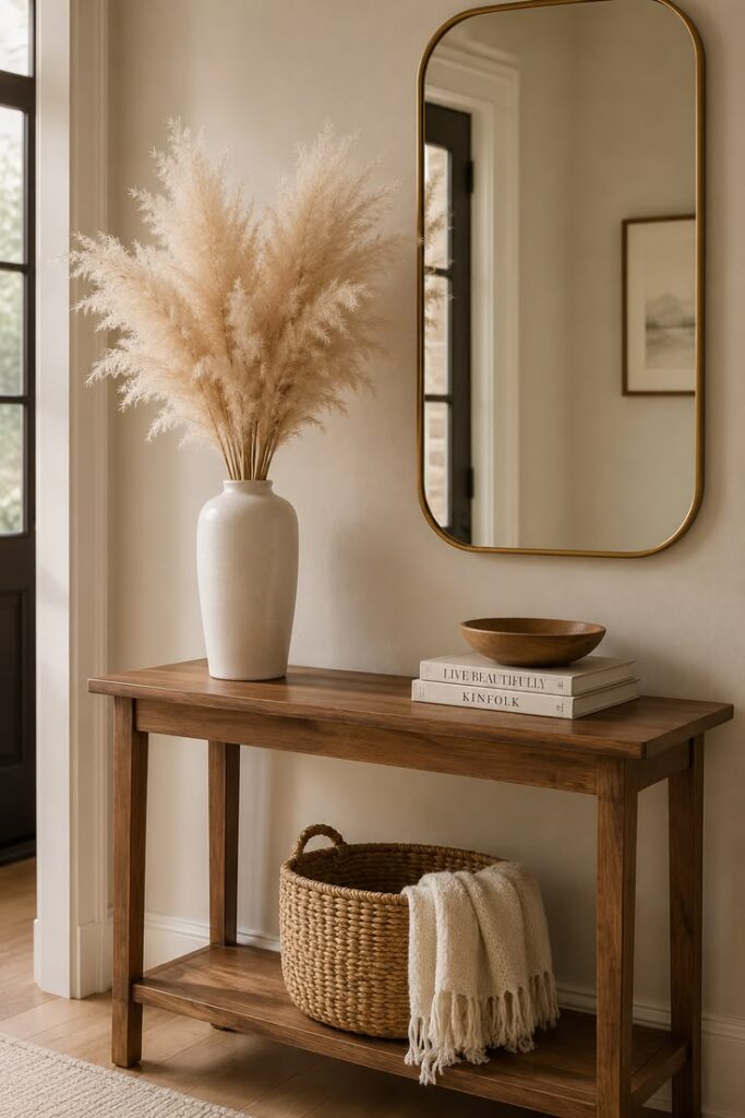 Tall pampas grass in ceramic vase on entryway console table