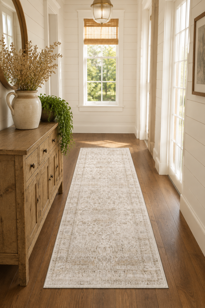 Beige vintage-pattern runner rug down a bright entryway hallway