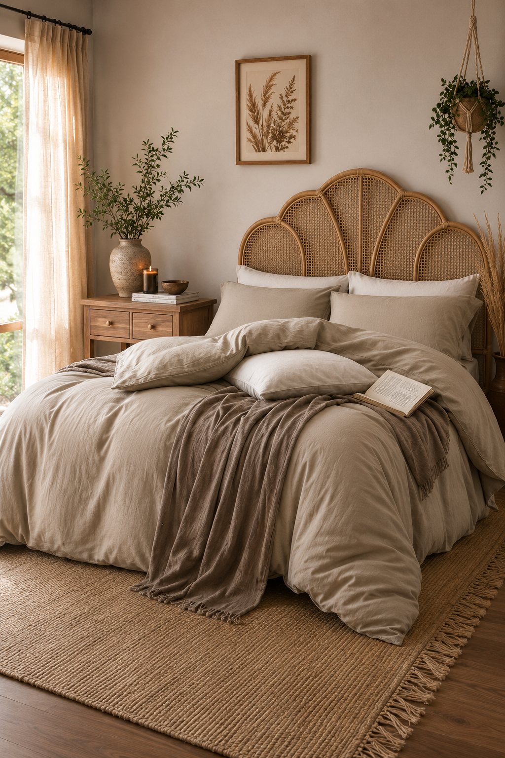 Taupe washed cotton duvet cover set on bed