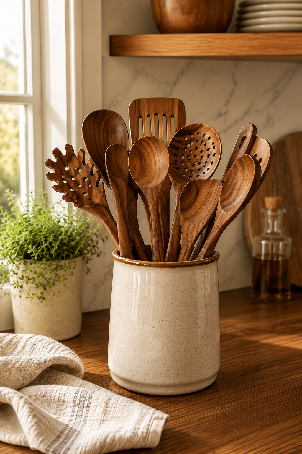Set of wooden teak cooking utensils fanned out