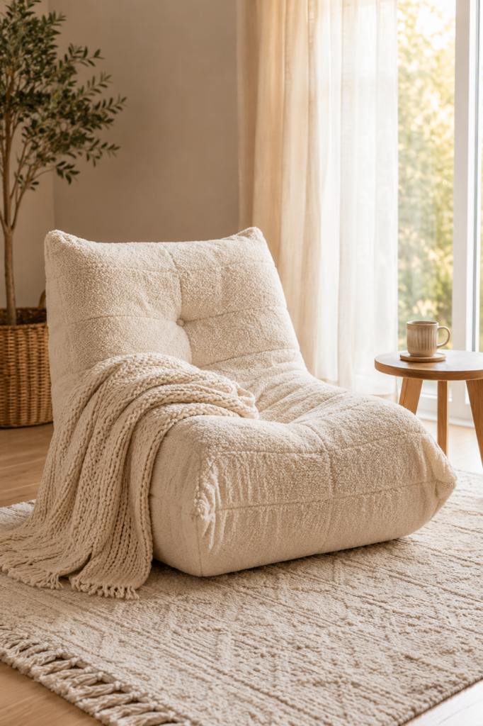 Beige teddy sherpa bean bag lounge chair with a knit throw blanket, sitting on a textured rug by a sunlit window
