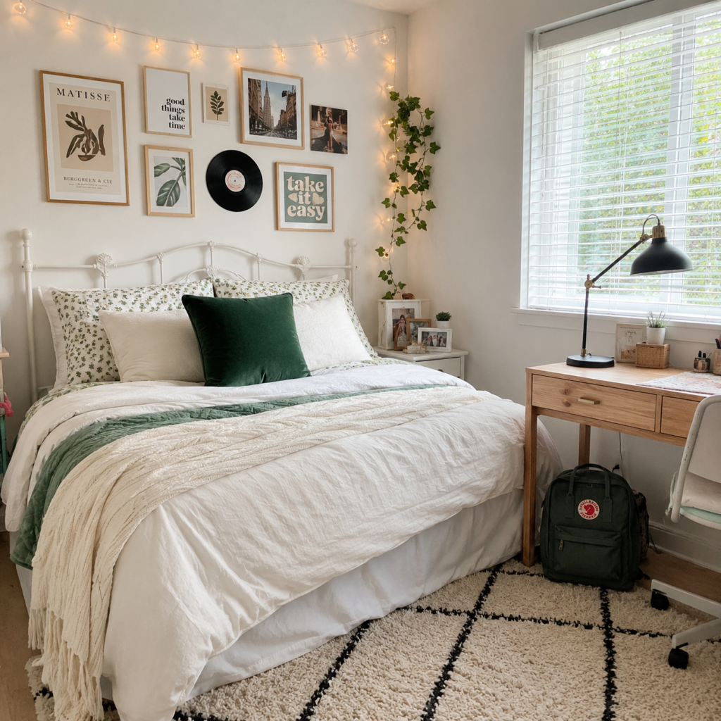 bright teen bedroom with gallery wall and green accents