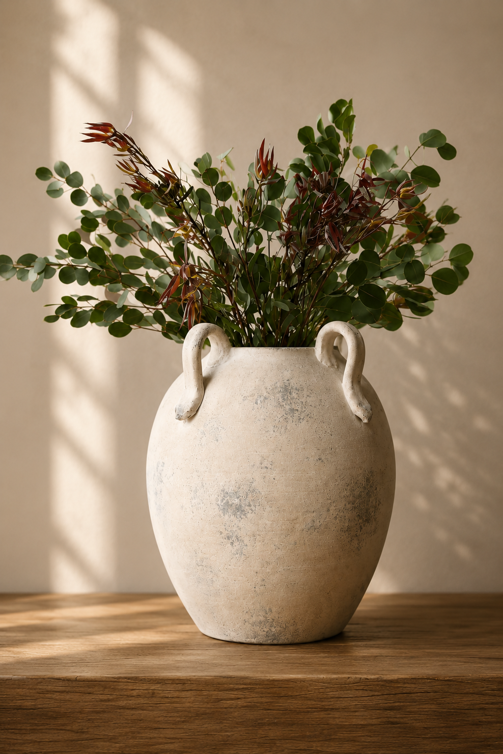 Textured white ceramic amphora vase with eucalyptus stems