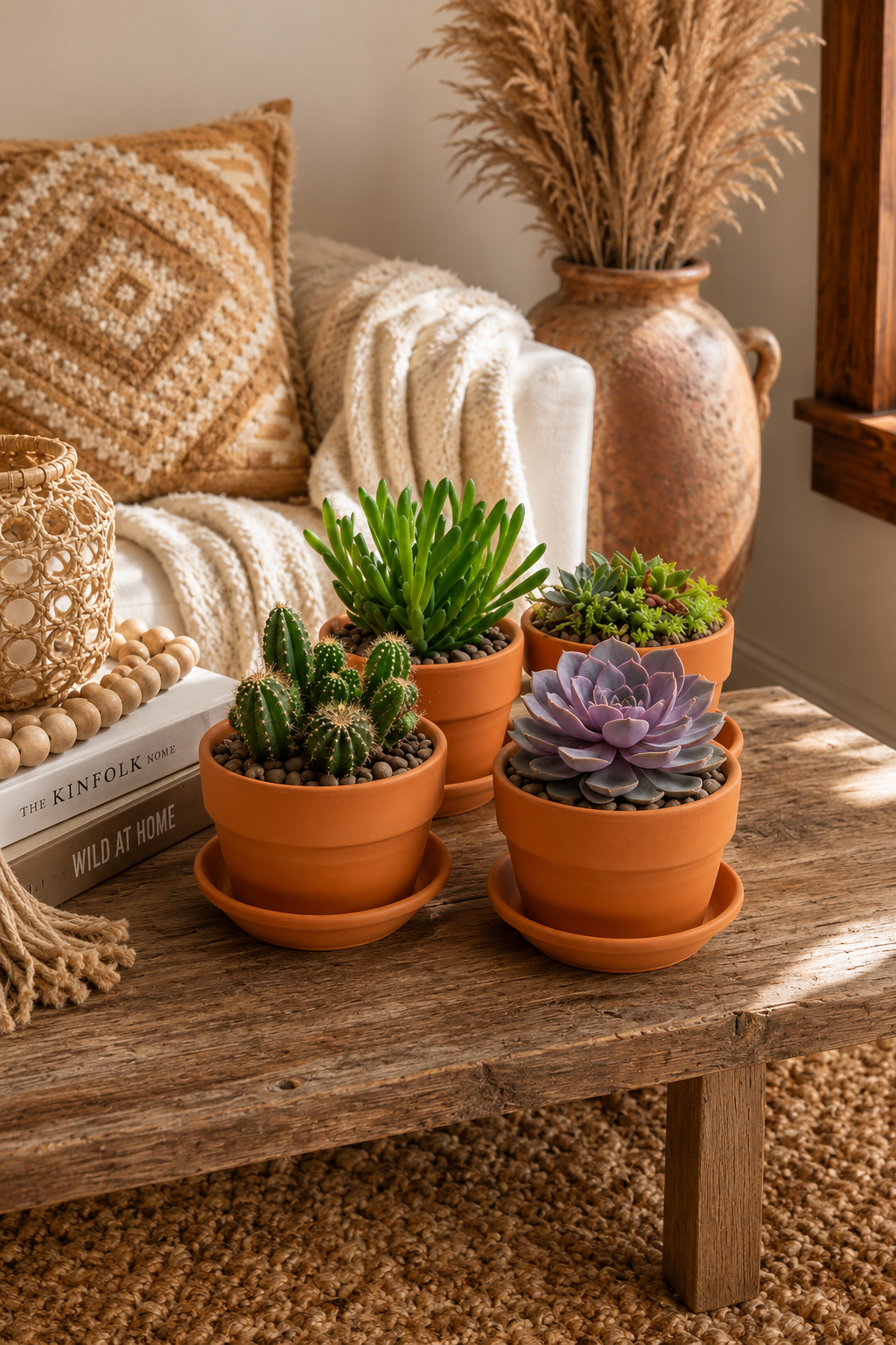 terracotta pots with succulents on wood bench