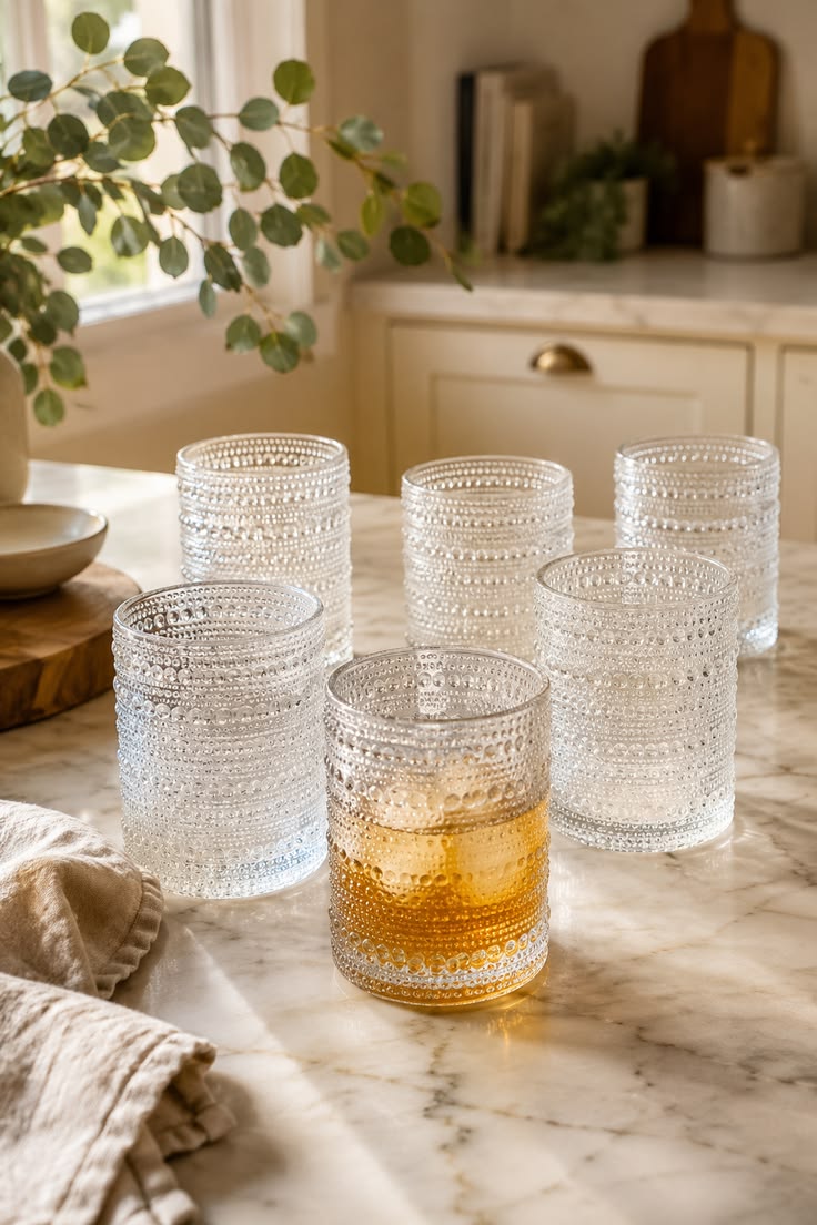 Set of six textured hobnail glass drinking cups