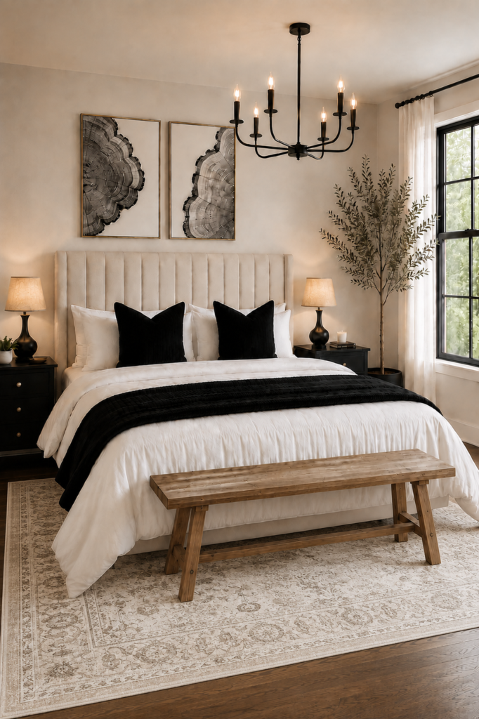 Bright transitional bedroom with white bedding, black accent pillows and olive tree