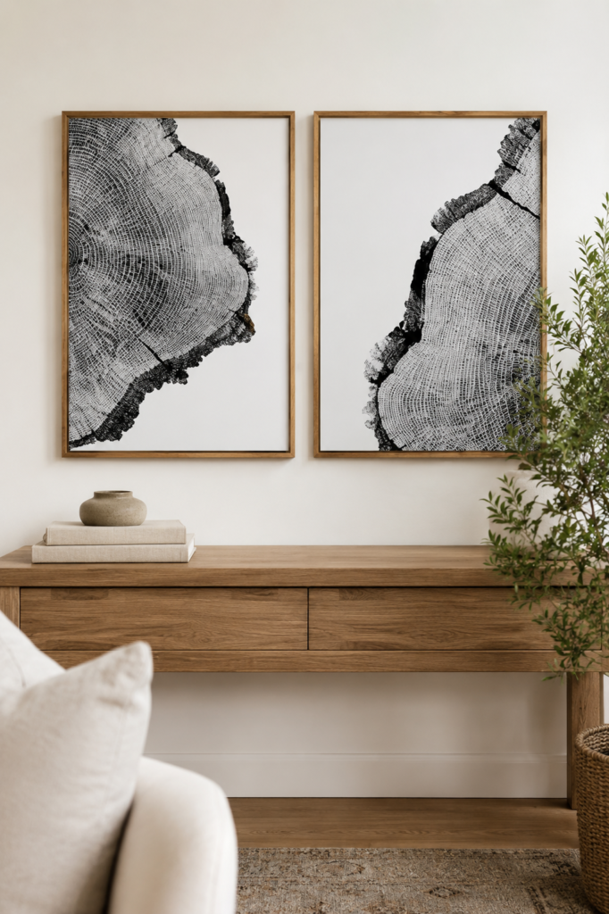 Black and white tree ring art panels above a wood console
