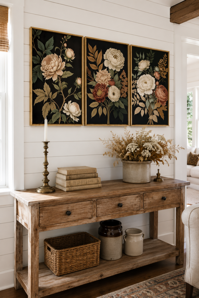 Set of three dark floral botanical canvas panels in gold frames on white wall
