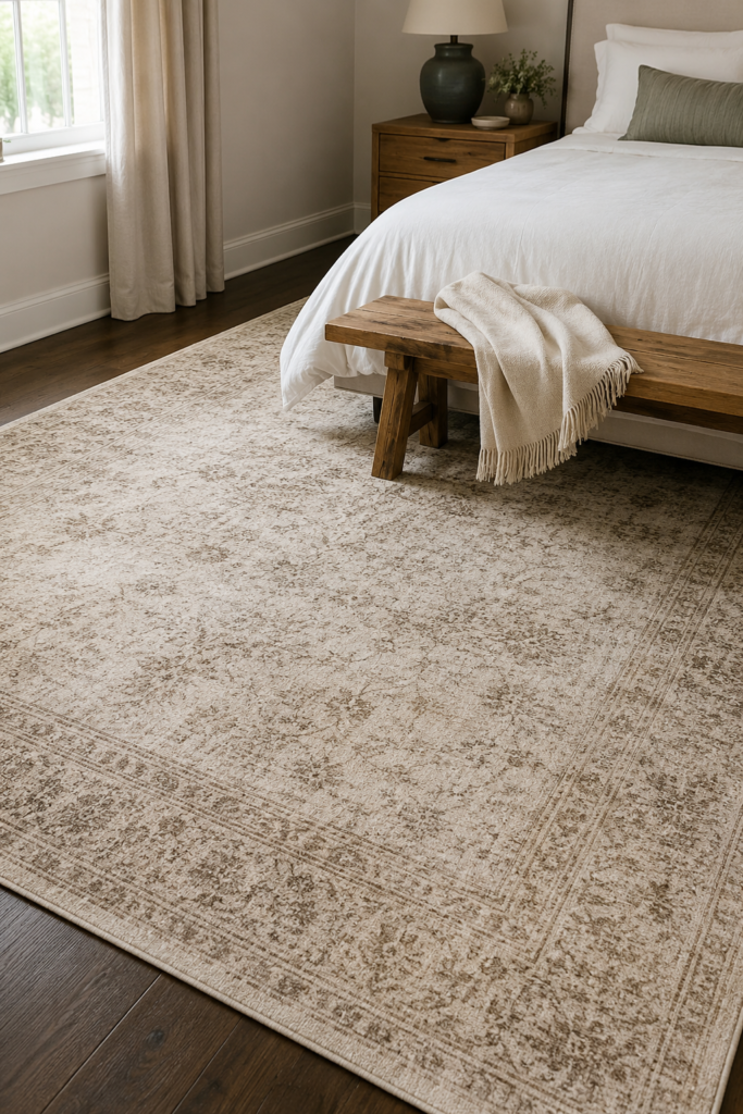 Beige vintage distressed area rug grounding a bright bedroom