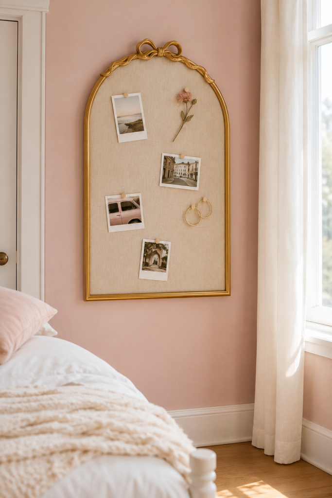 Vintage gold arched bulletin board with photos pinned on bedroom wall