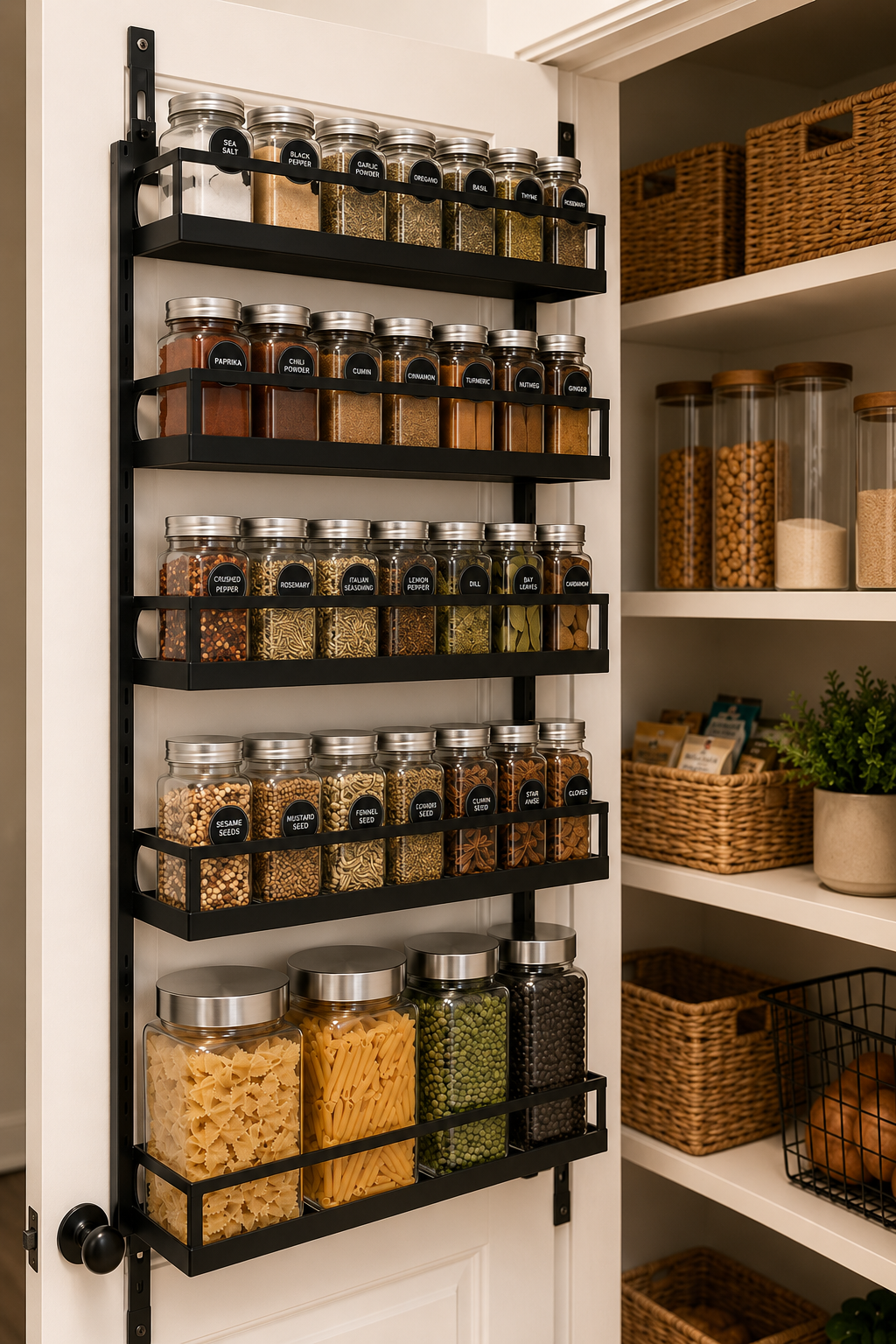 Black door-mounted spice rack organizing labeled jars