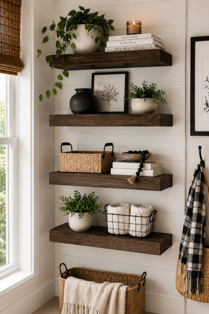 Set of four dark walnut floating wood shelves mounted on white shiplap wall, styled with plants, books, woven baskets and neutral decor