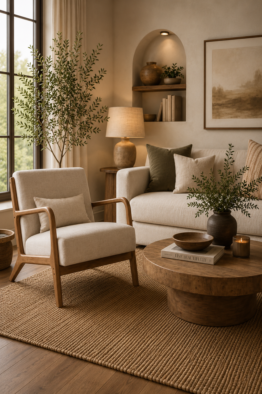 Warm beige upholstered accent chair with wood arms in a living room