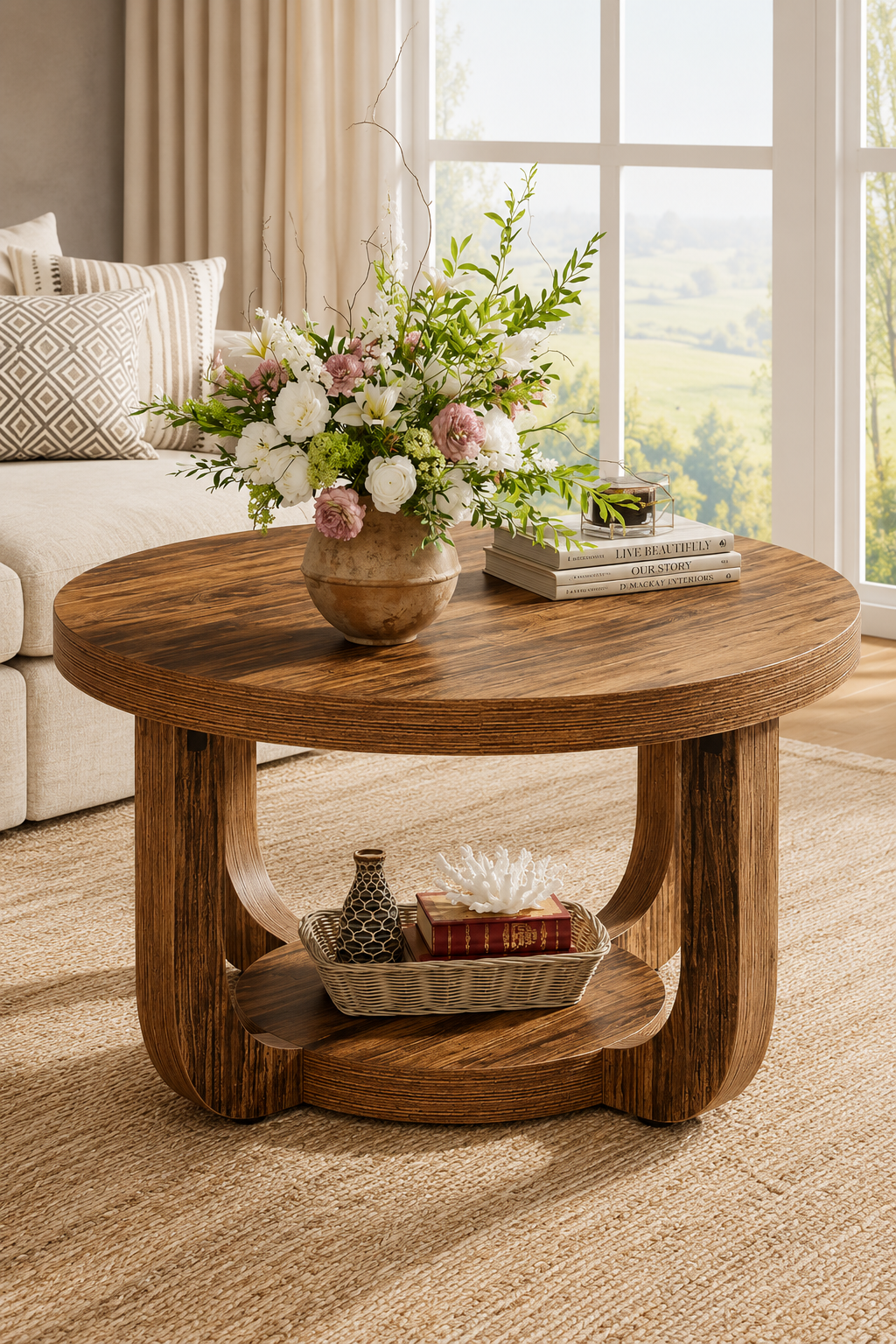 Round two-tier wood coffee table with rustic wood grain finish