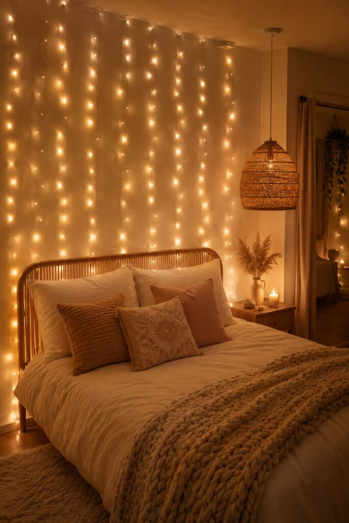 Warm white curtain string lights draped behind a bed