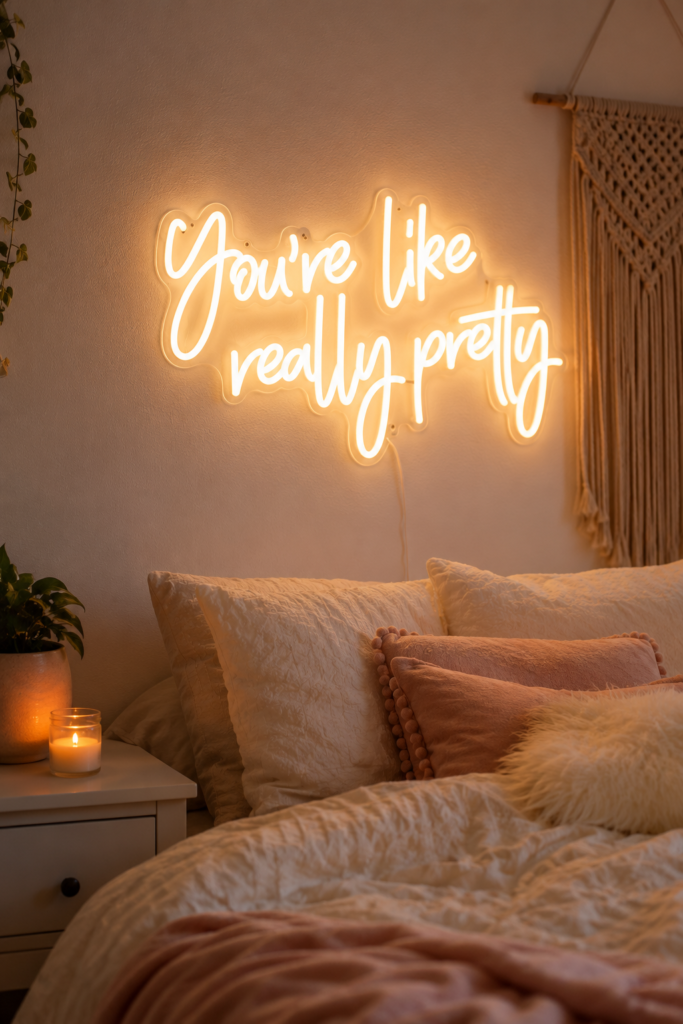 Warm-white cursive neon sign glowing above a bed in a teen bedroom
