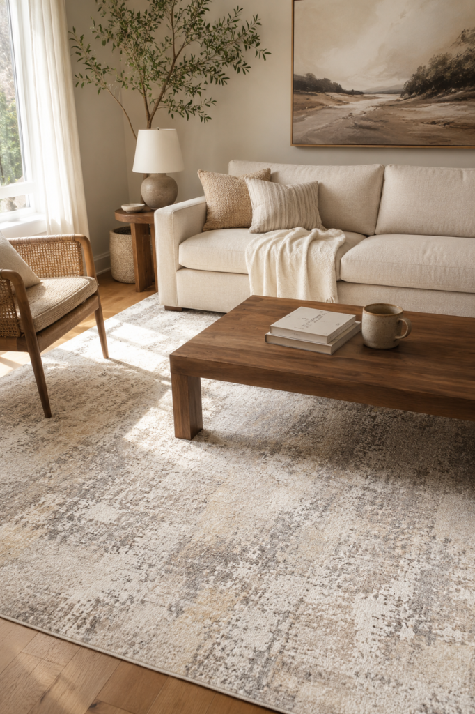 Soft beige and grey abstract area rug in bright living room