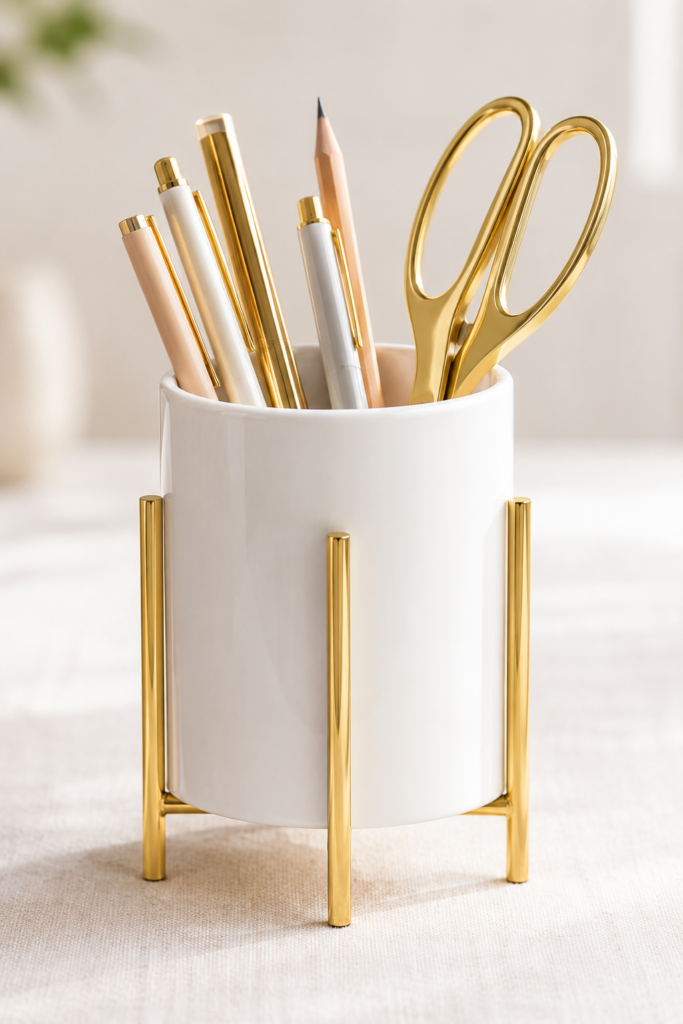 White ceramic pen holder in a gold metal stand holding pens and scissors