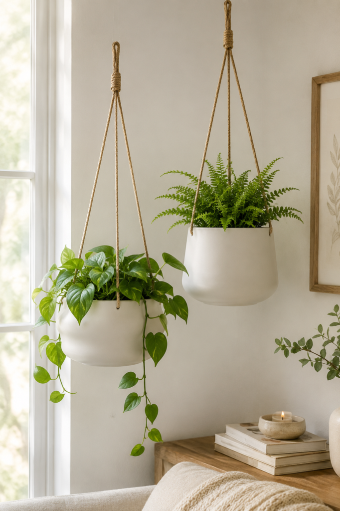 White ceramic hanging planters with trailing plants in bright room