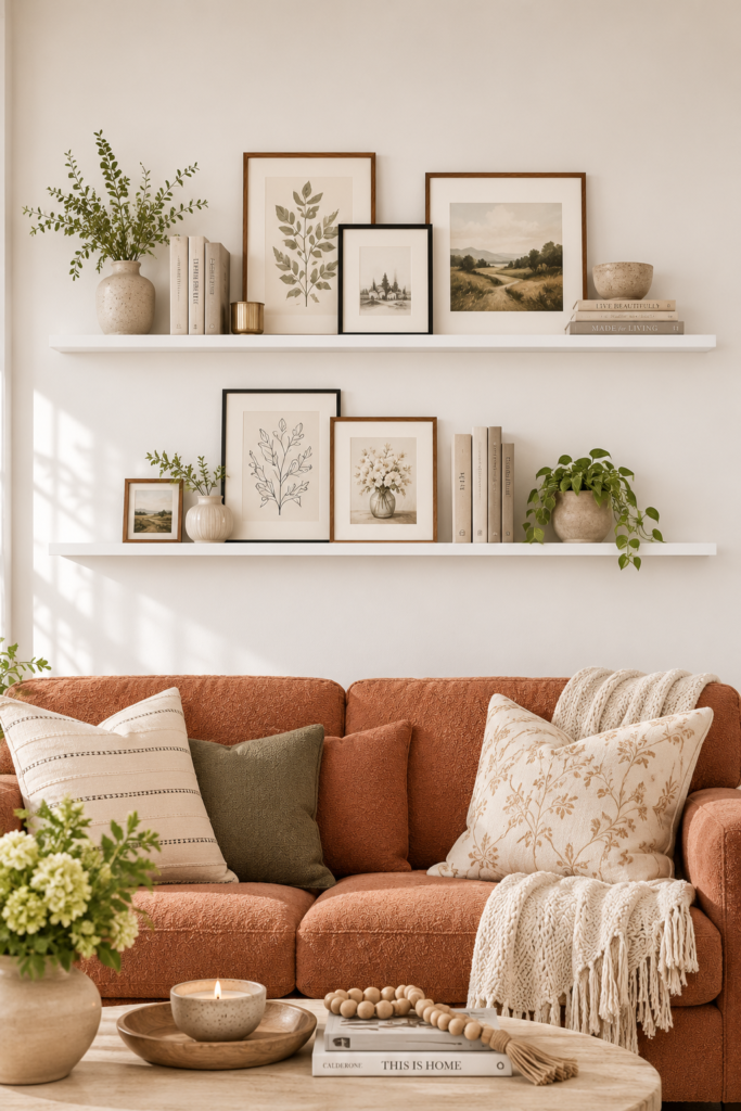 white floating picture ledge shelves above terracotta sofa