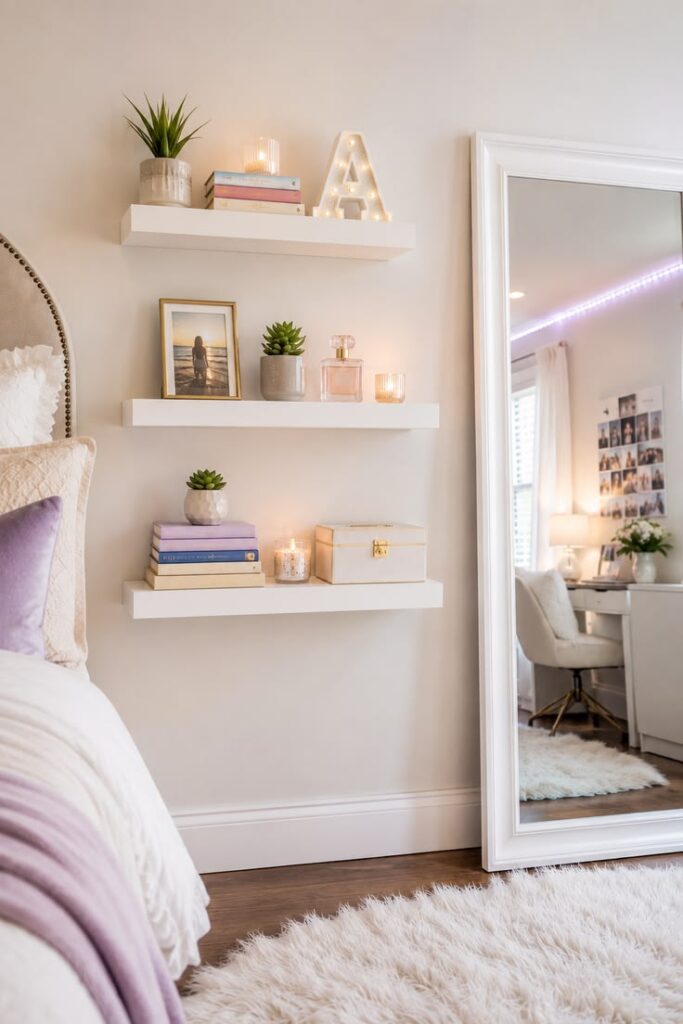 Three white floating shelves staggered on a wall with plants and books