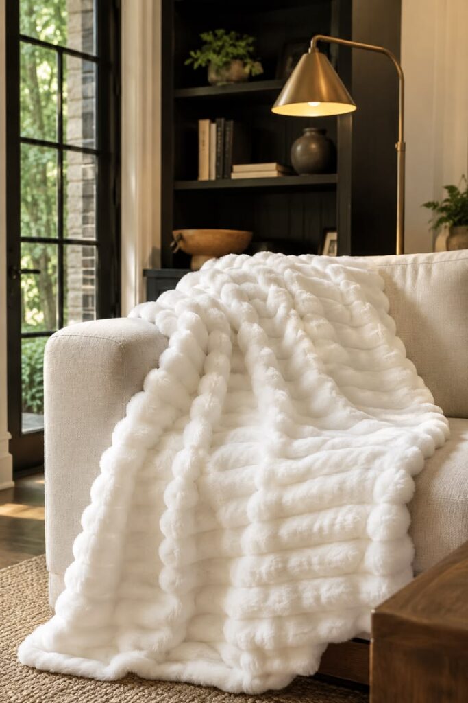White fluffy fleece throw blanket draped on couch