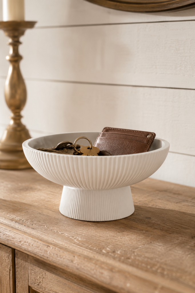 White fluted pedestal bowl holding keys on entryway console