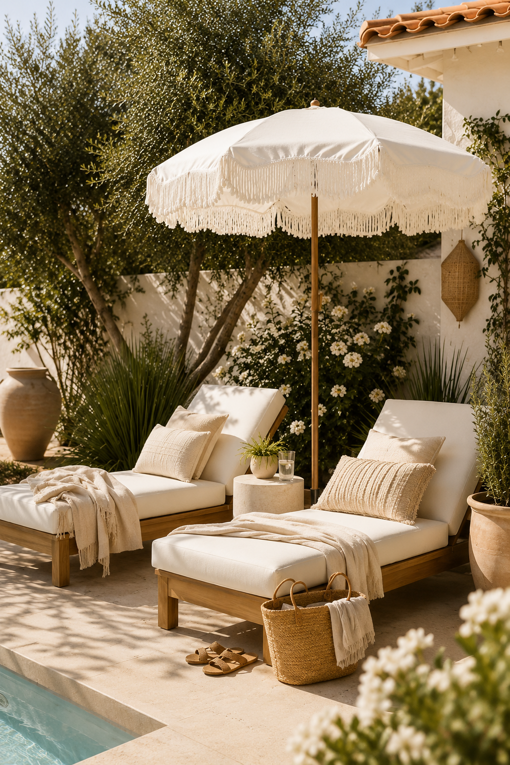 White fringed boho umbrella providing outdoor patio shade