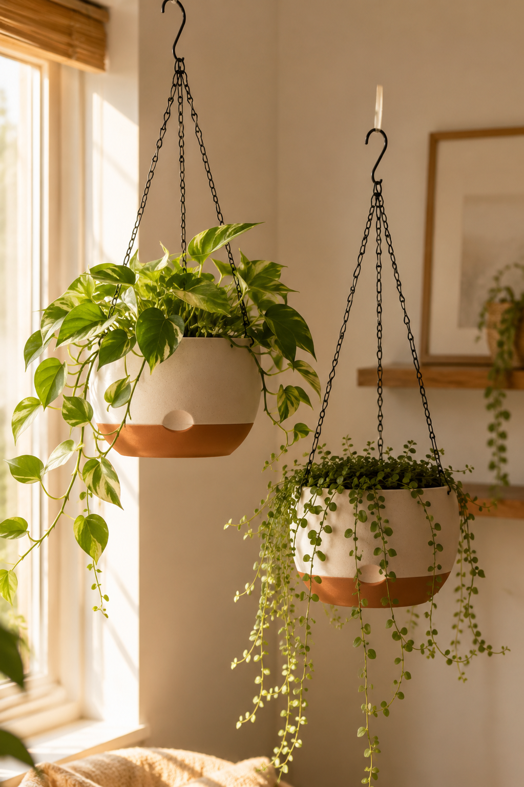 White hanging planters with metal chains for indoor plants