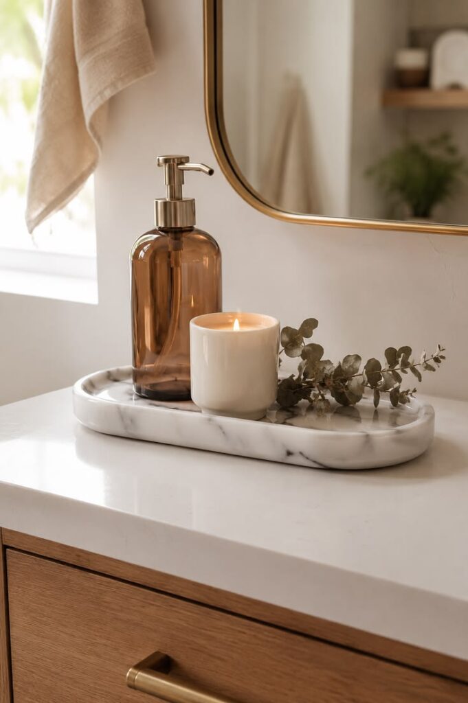 White marble oval tray on bathroom vanity counter