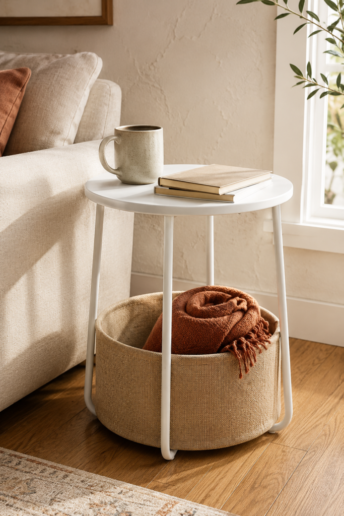 Round white side table with camel fabric storage basket beside sofa