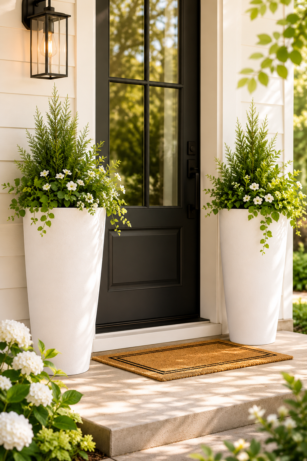 Tall white round planters flanking a front door entrance