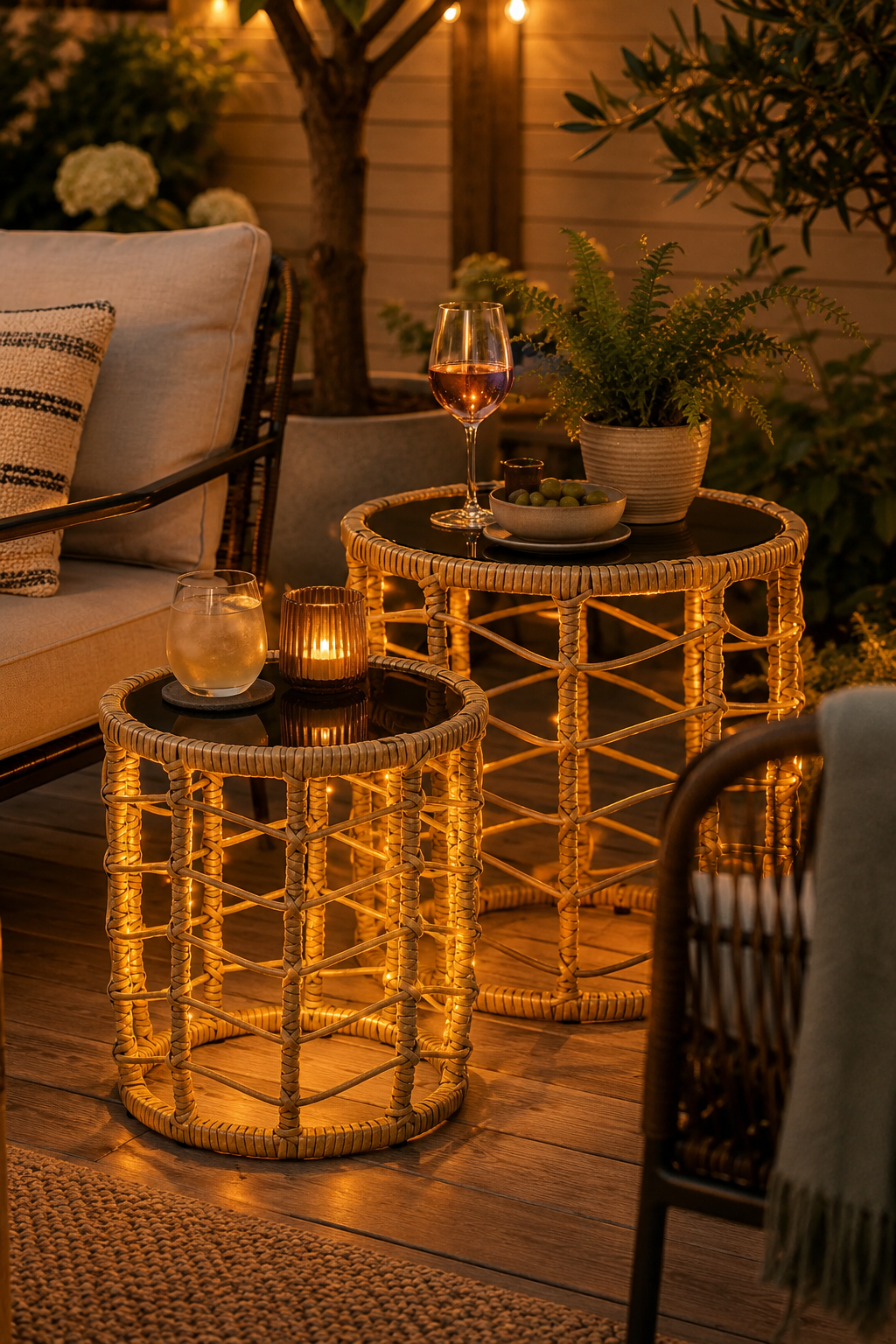Wicker nesting side tables with built-in solar lights outdoors
