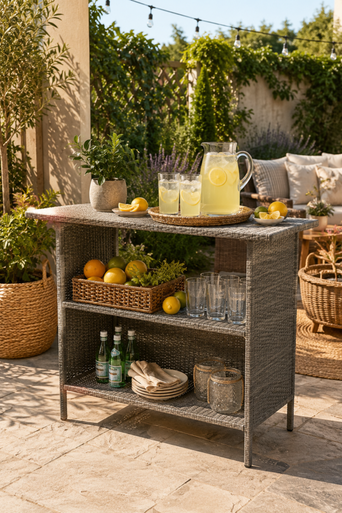 Grey wicker outdoor bar table with two shelves, styled with lemonade, citrus fruit, and glassware on a sunny patio