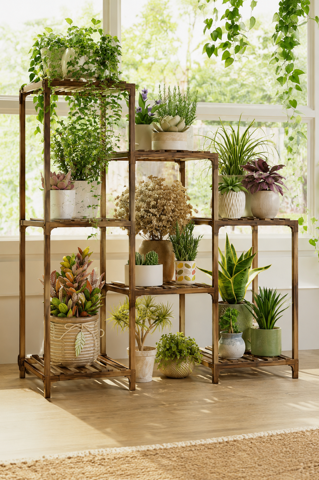 Wood ladder-style plant stand with multiple tiers and plants