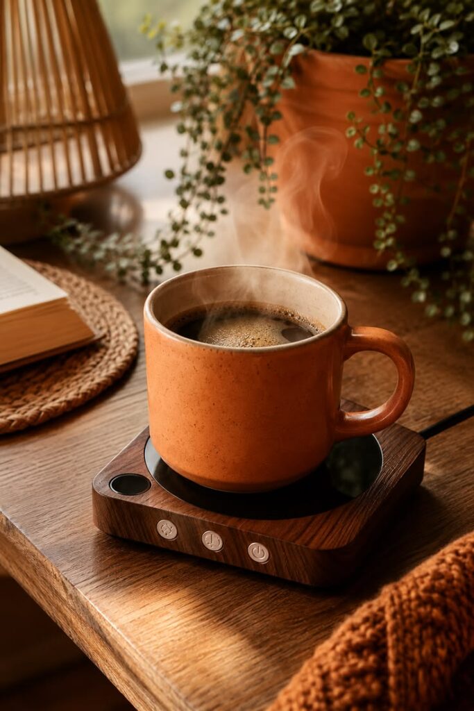 Wood mug warmer with temperature display on desk