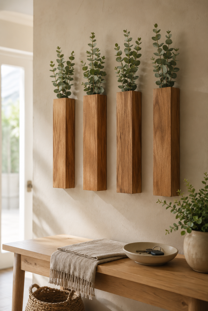 Row of vertical wood wall planters with faux eucalyptus stems